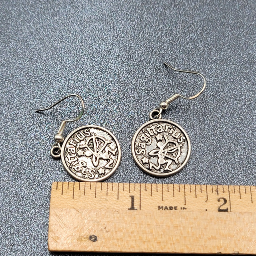 Sagittarius Pierced Earrings Silver tone Round Dangle Optimistic 3/4"