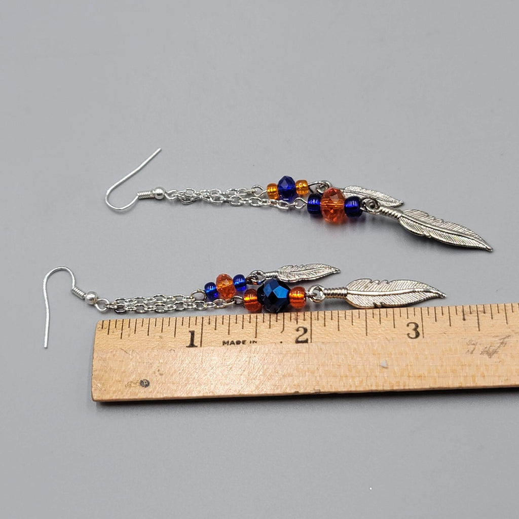 Dangle Pierced Earrings Silvertone Bead Chain Feather Accent 3.25" Denver Bronco