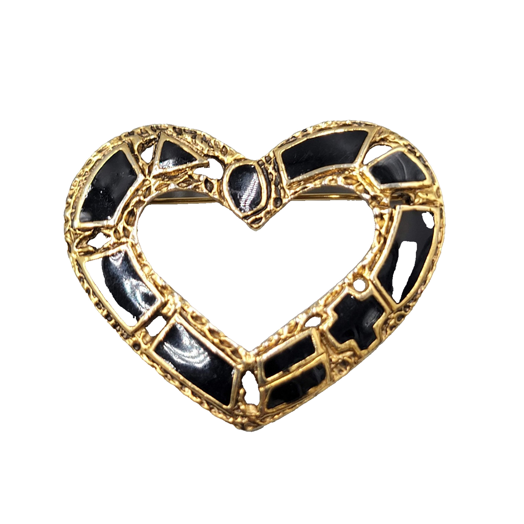 Vintage Open Heart Black Enamel Brooch Gold tone 1.75"