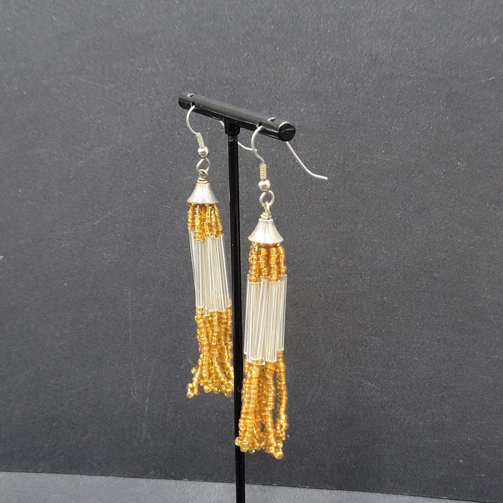 Pierced Earrings Silver tone Orange Seed Bead Multi Strand Dangle 2.5"