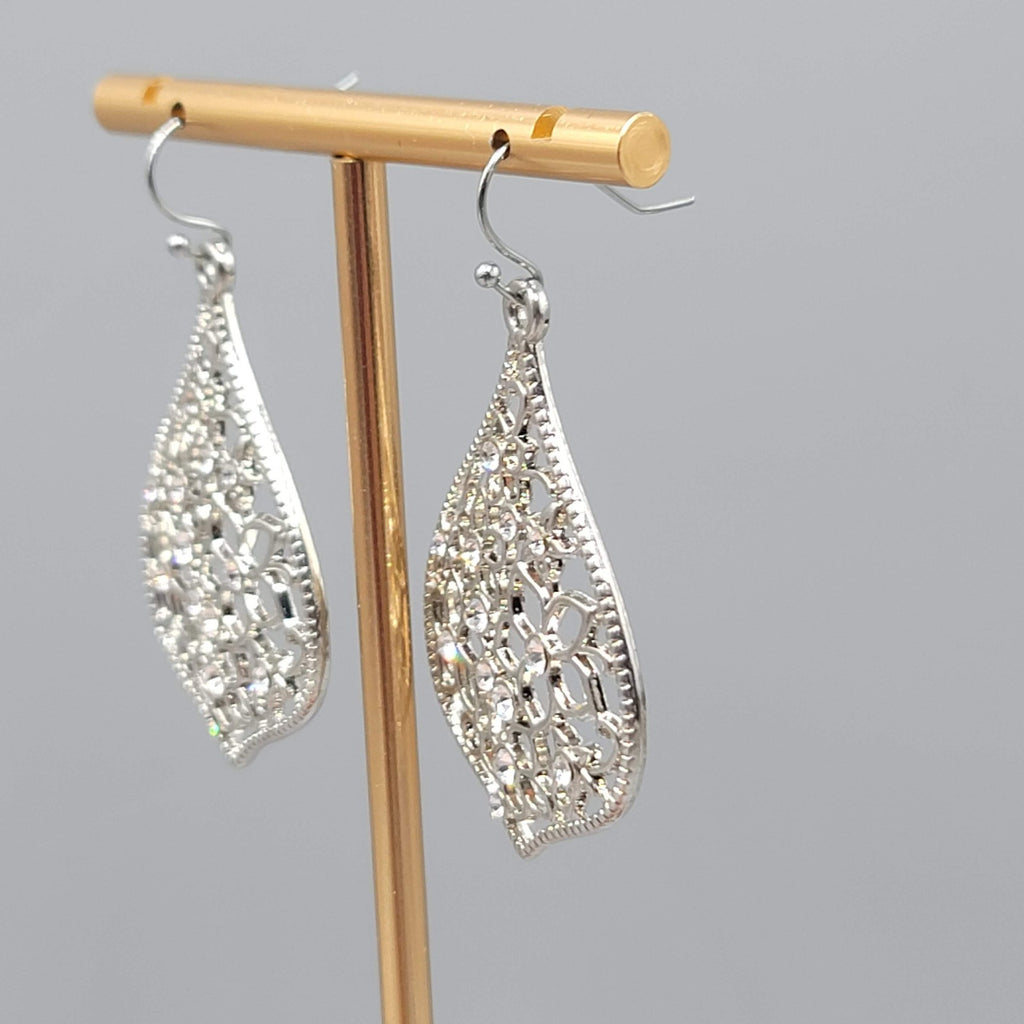 Crystal Flower Open Work Pierced Earrings Silver tone Dangle  1.75 in