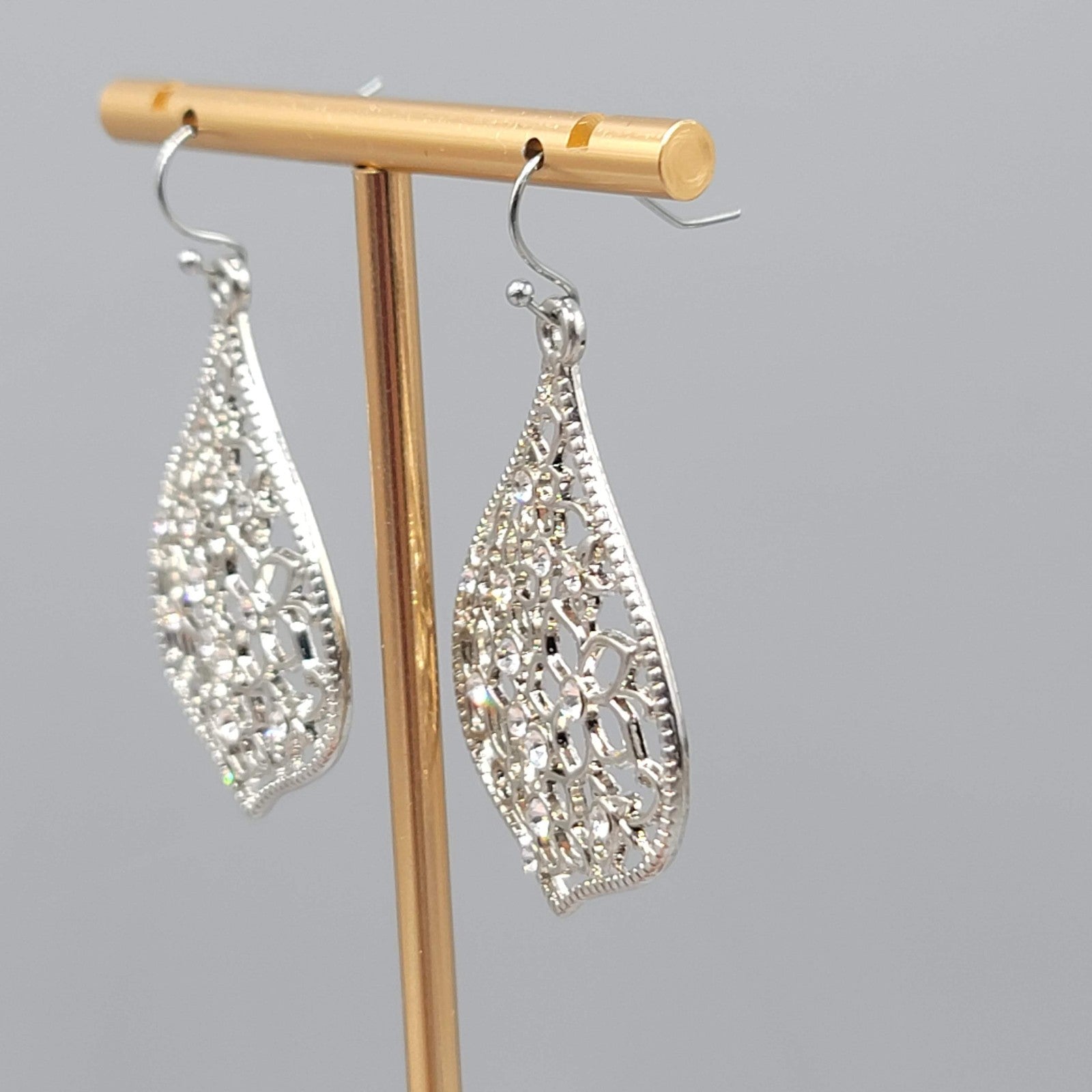 Crystal Flower Open Work Pierced Earrings Silver tone Dangle  1.75 in