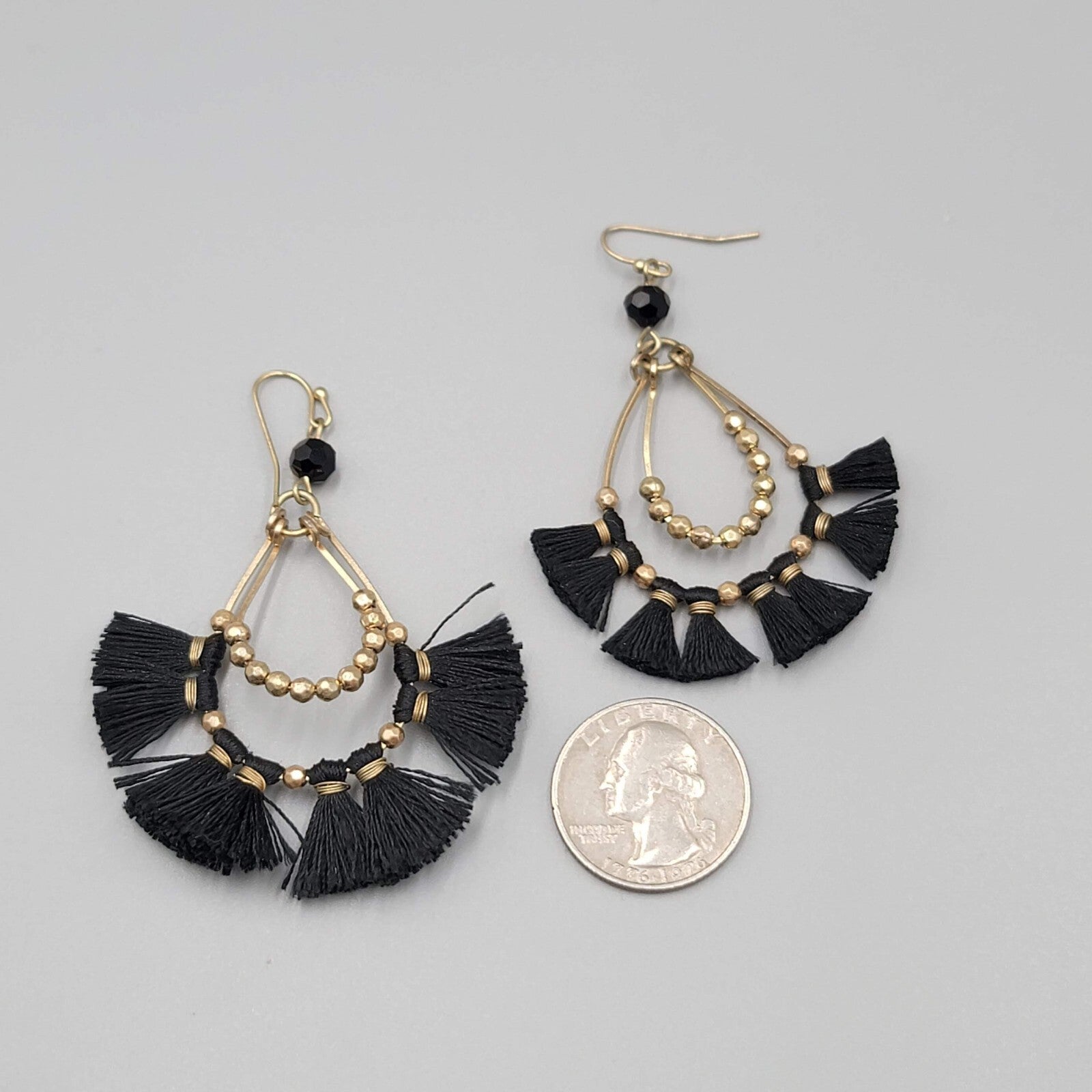 Pierced Earrings Gold tone Black Tassel Teardrop Dangle 2.5"