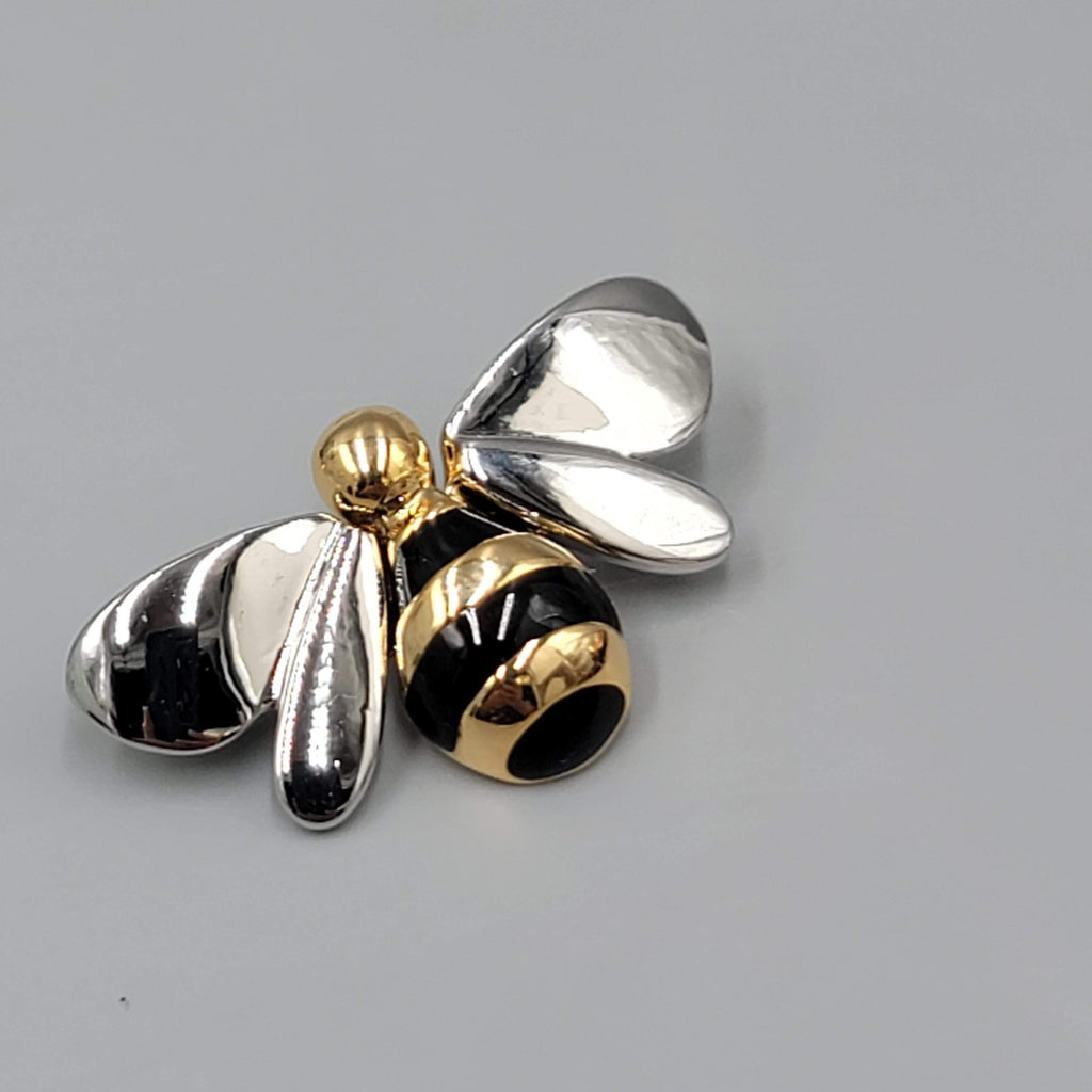 Vintage Bee Brooch Gold and Silver toen Black Enamel High Polish 1 5/8"