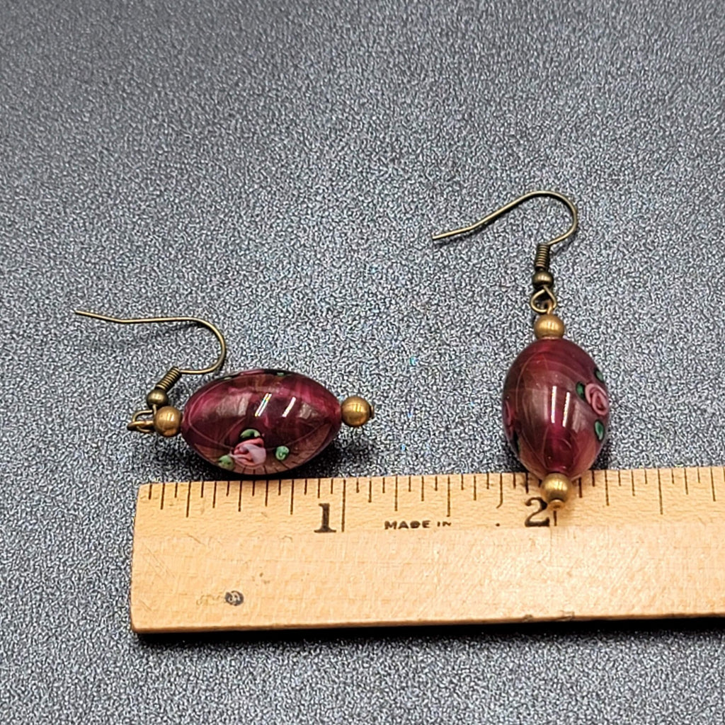Art Glass Bead Pierced Earrings Bronze tone Pink Flower Dangle 1.25"
