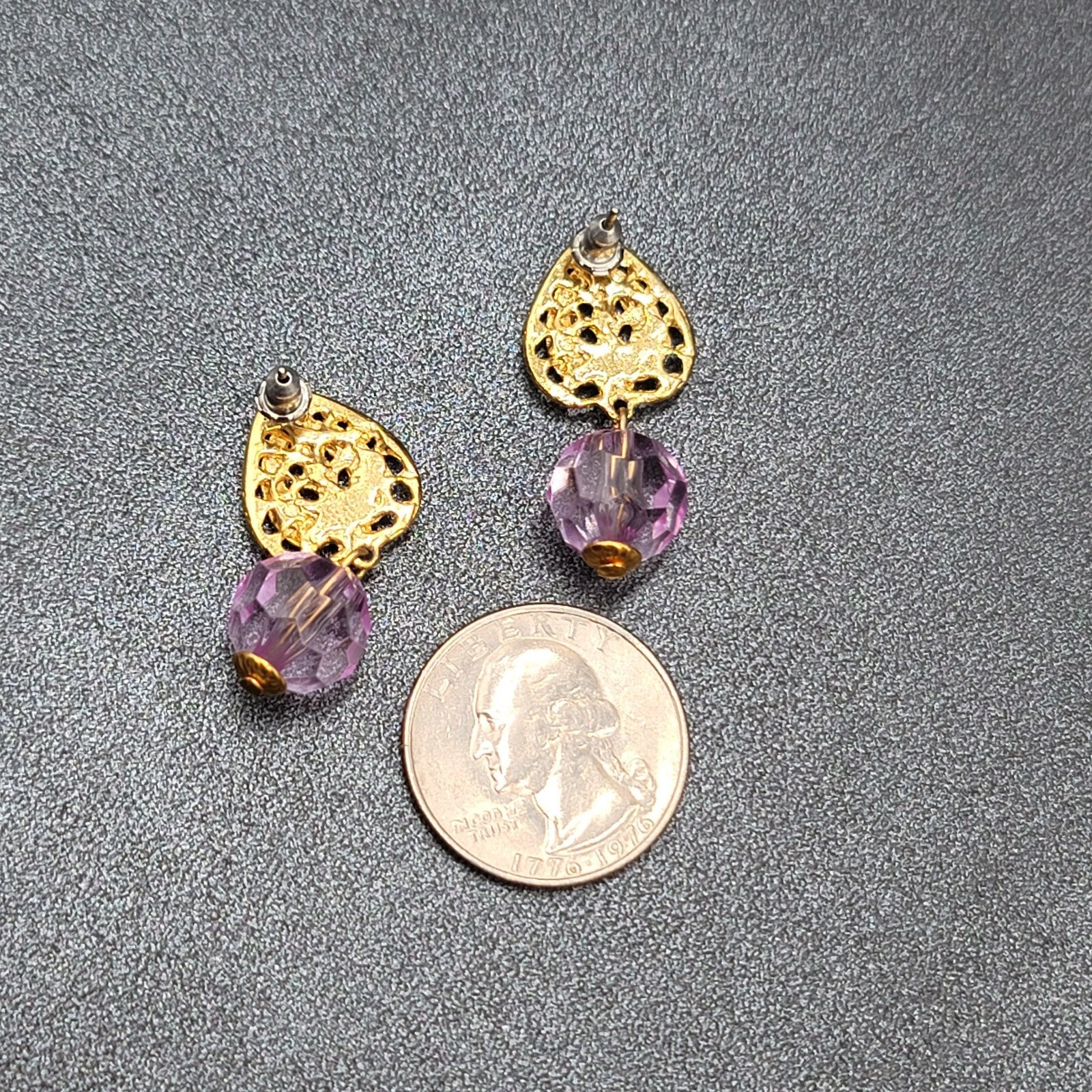 Pierced Earrings Gold tone Purple Plastic Bead Dangle 1.25"