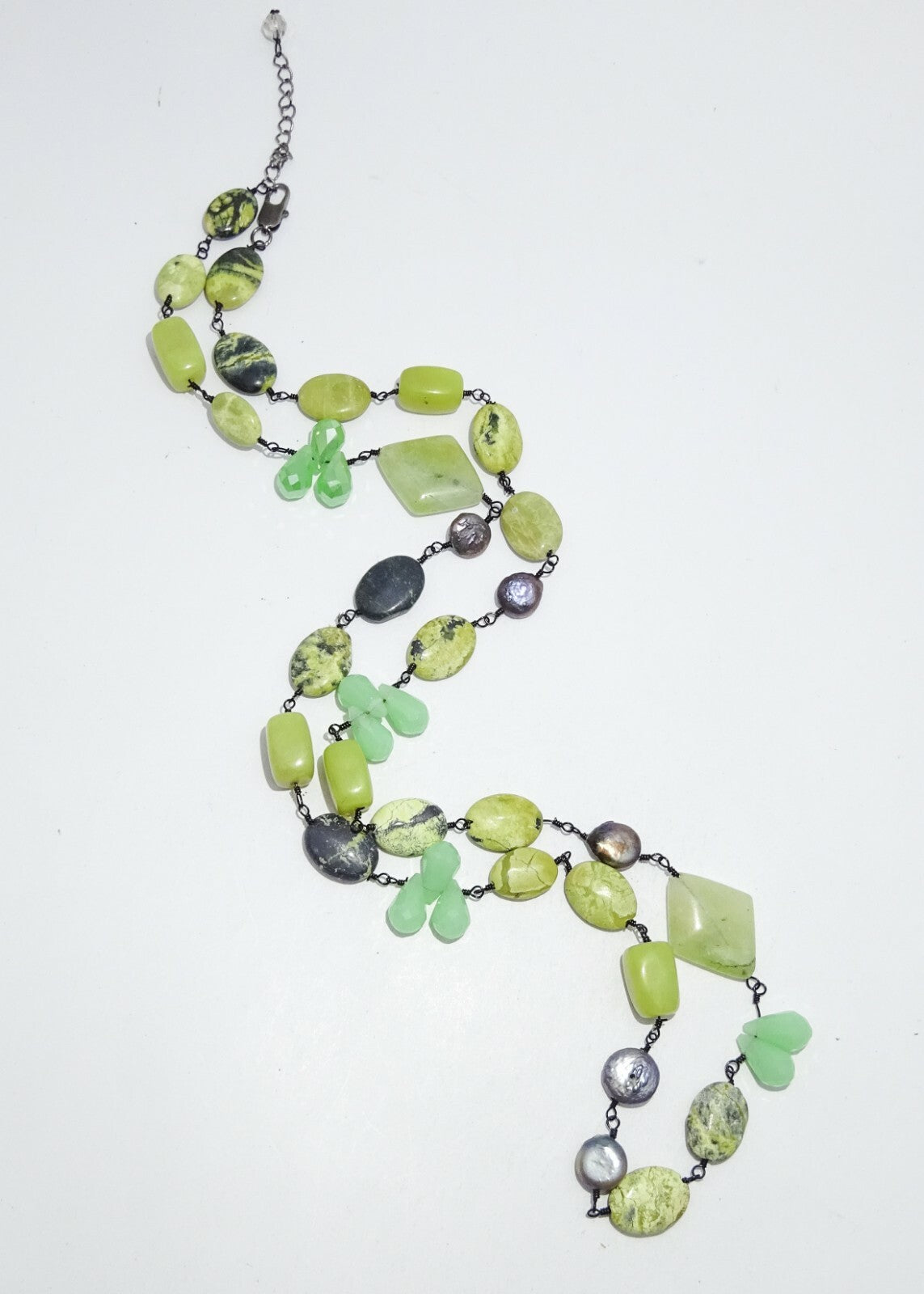 Jasper Aventurine Pearl Gemstone Bead Necklace 30" Adjustable