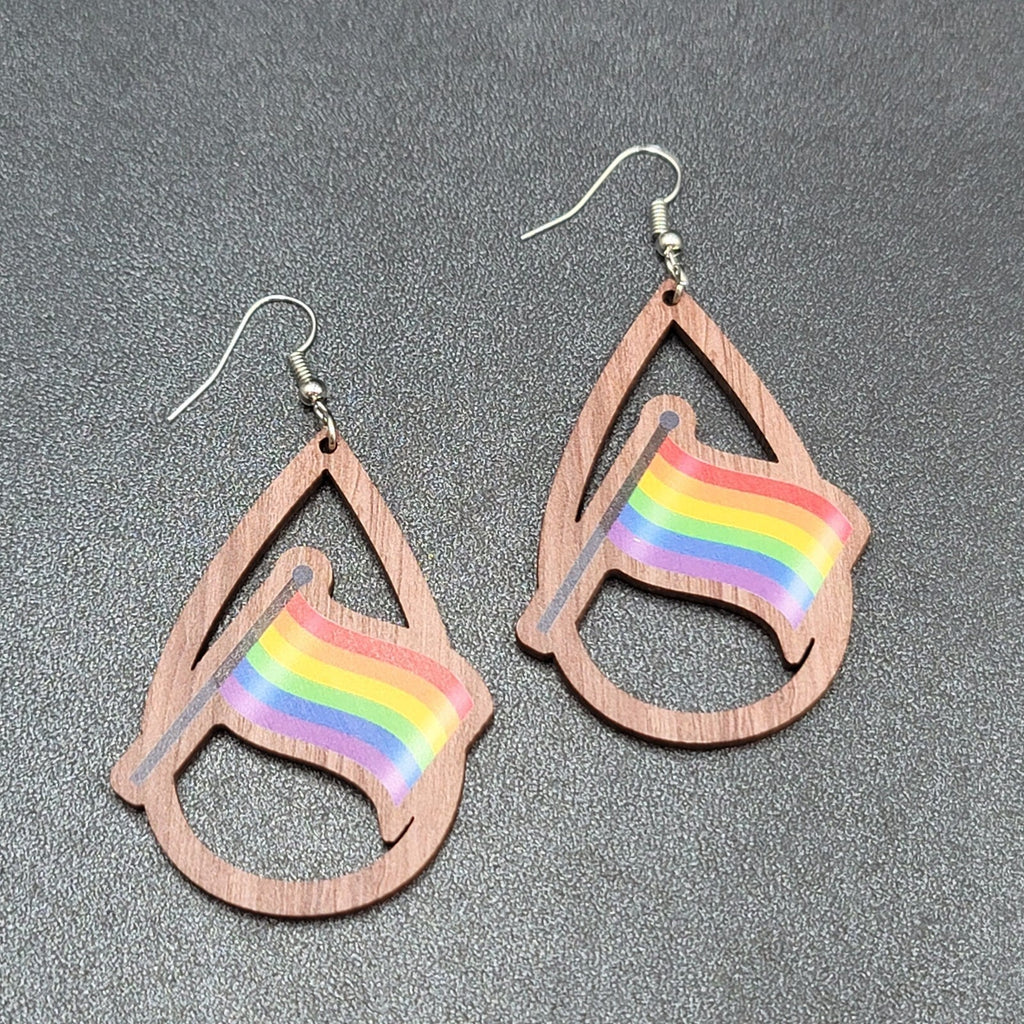 New PRIDE FLAG Pierced Earrings Rainbow Wood Teardrop Dangle 2.25"