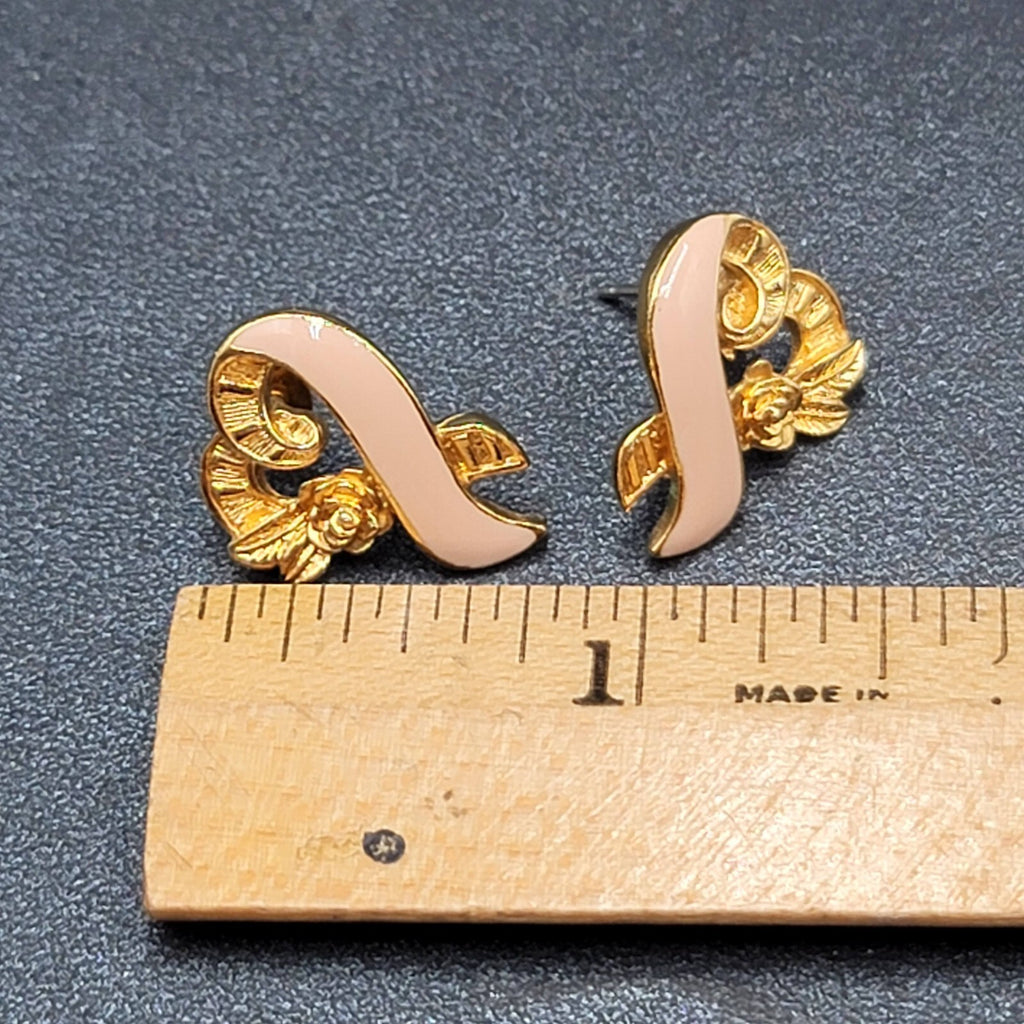 Vintage Avon Pierced Earrings Breast Cancer Awareness Ribbon Heart Pink Enamel