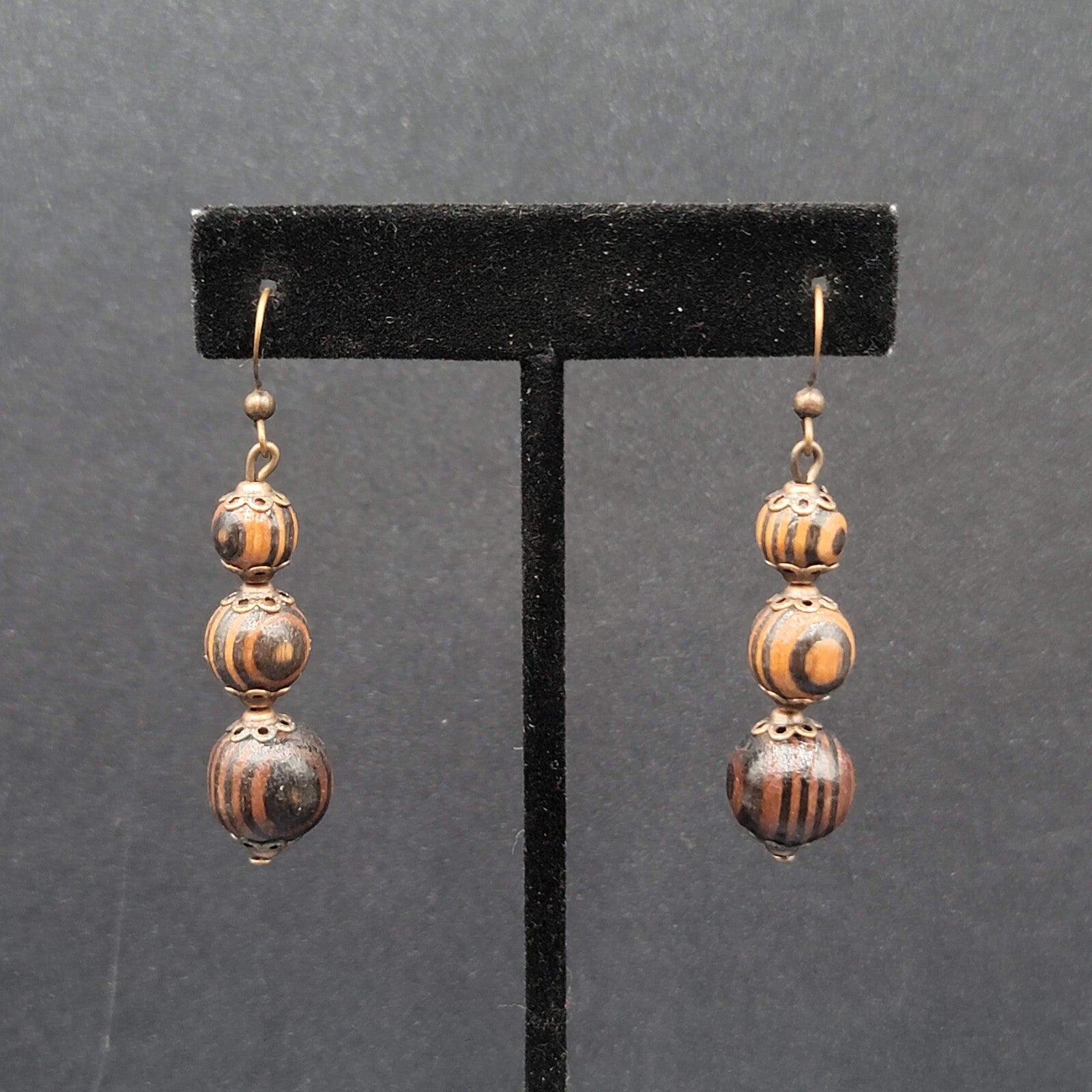 New Boho Pierced Earrings Copper tone Capped Wood Beads Dangle 1.5"