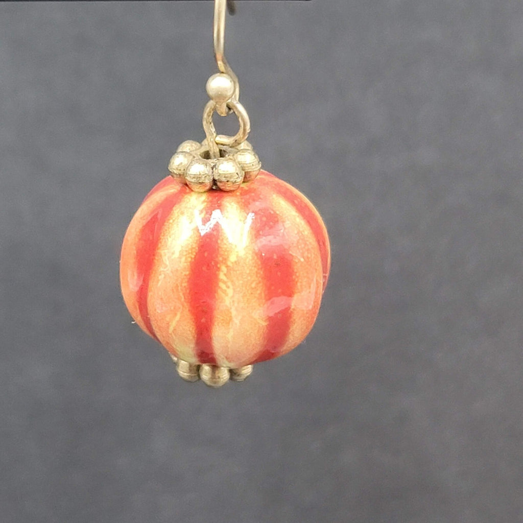Pierced Earrings Gold tone Hand Painted Pottery Bead Dangle 3/4"