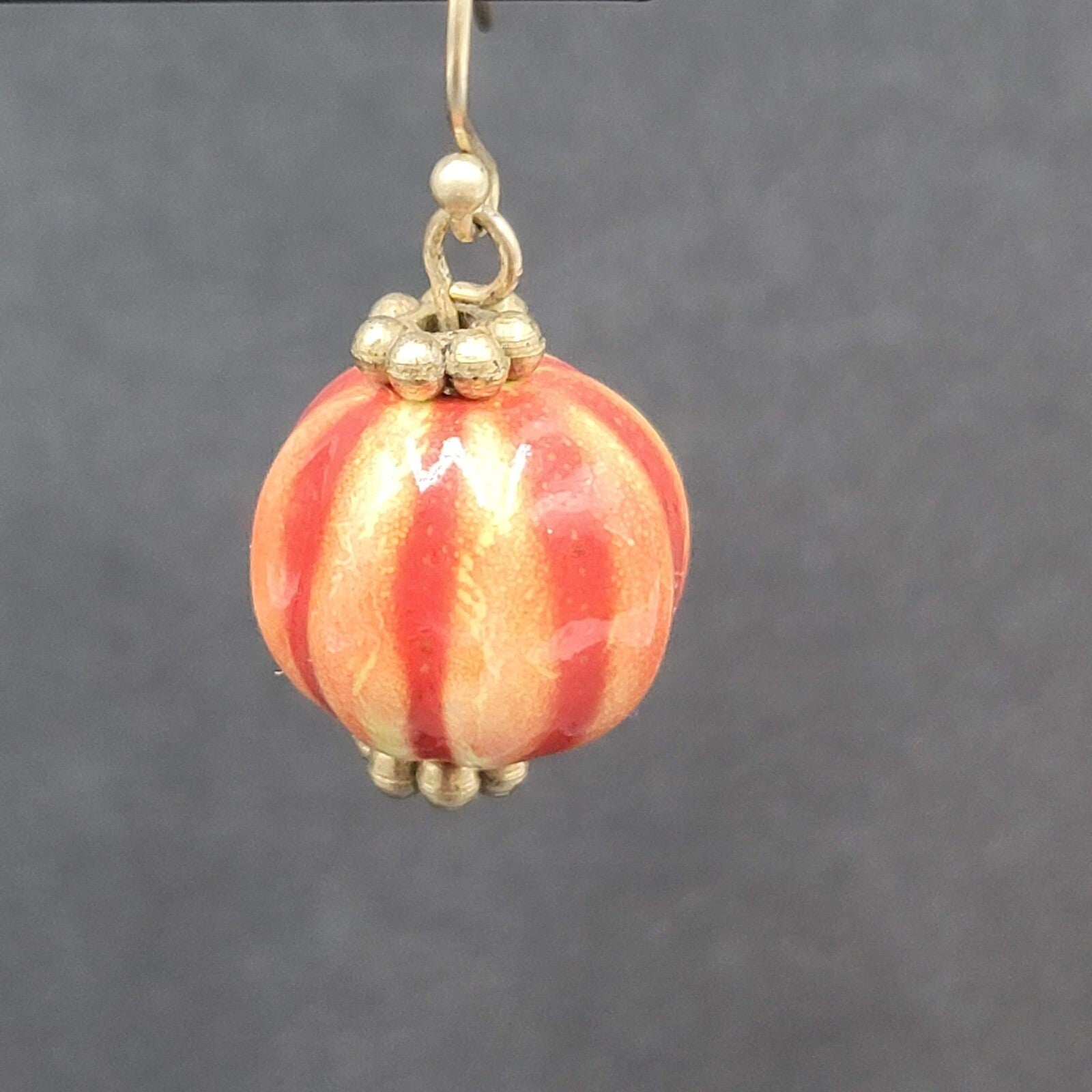 Pierced Earrings Gold tone Hand Painted Pottery Bead Dangle 3/4"