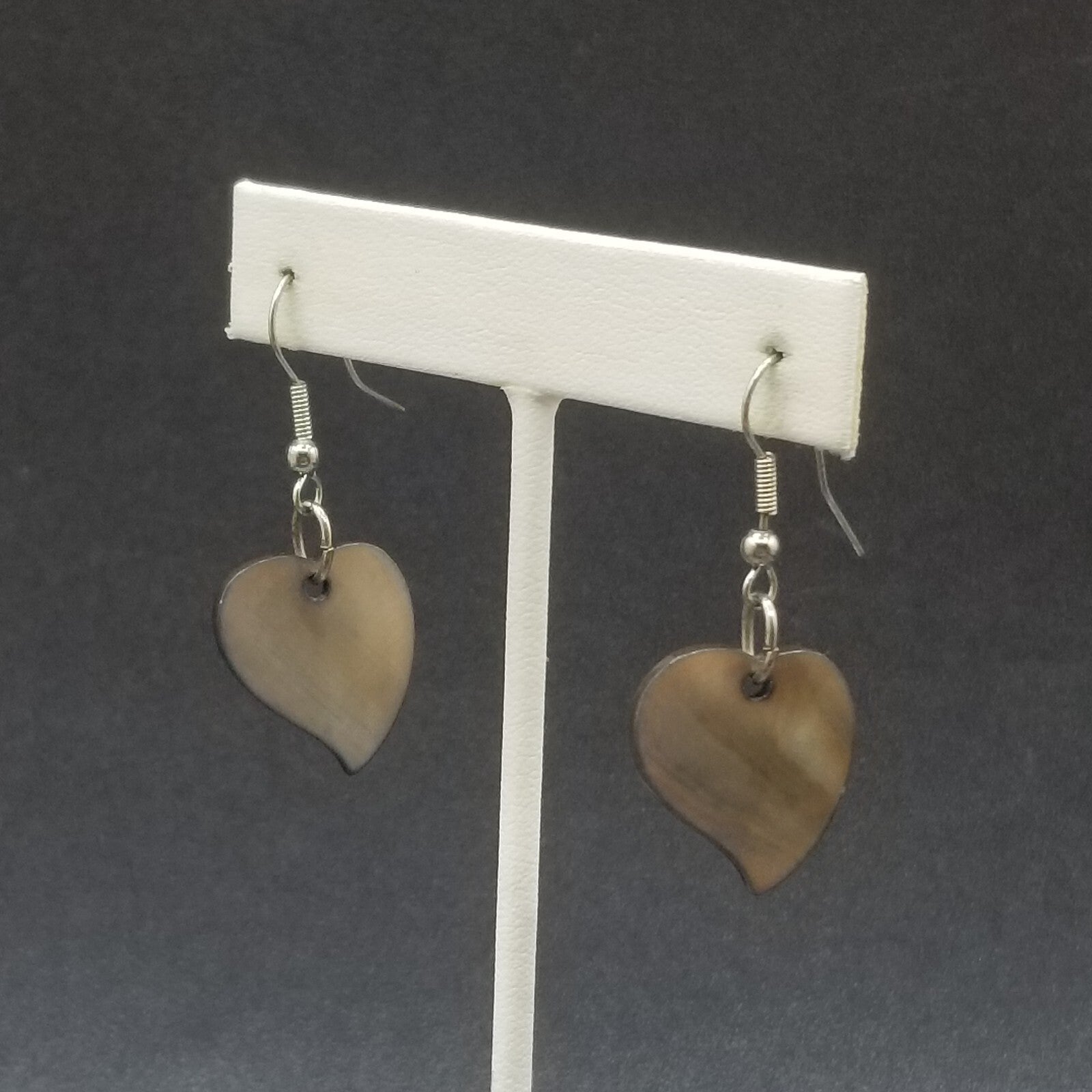 Pierced Earrings Silver tone Carved Shell Heart Statement Dangle 7/8"