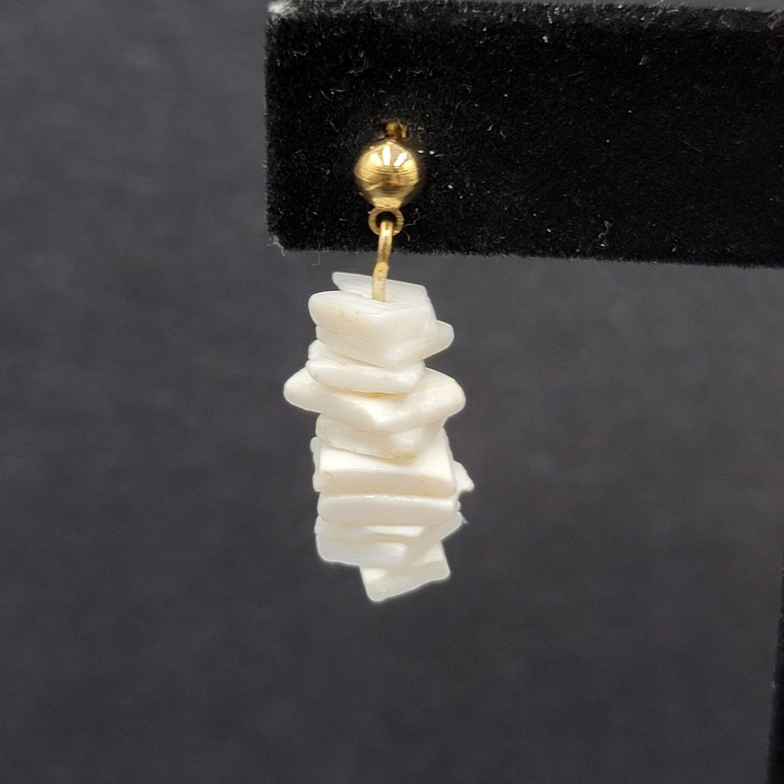Vintage Pierced Earrings Gold tone White Heishi Shell Chip Dangle 3/4"