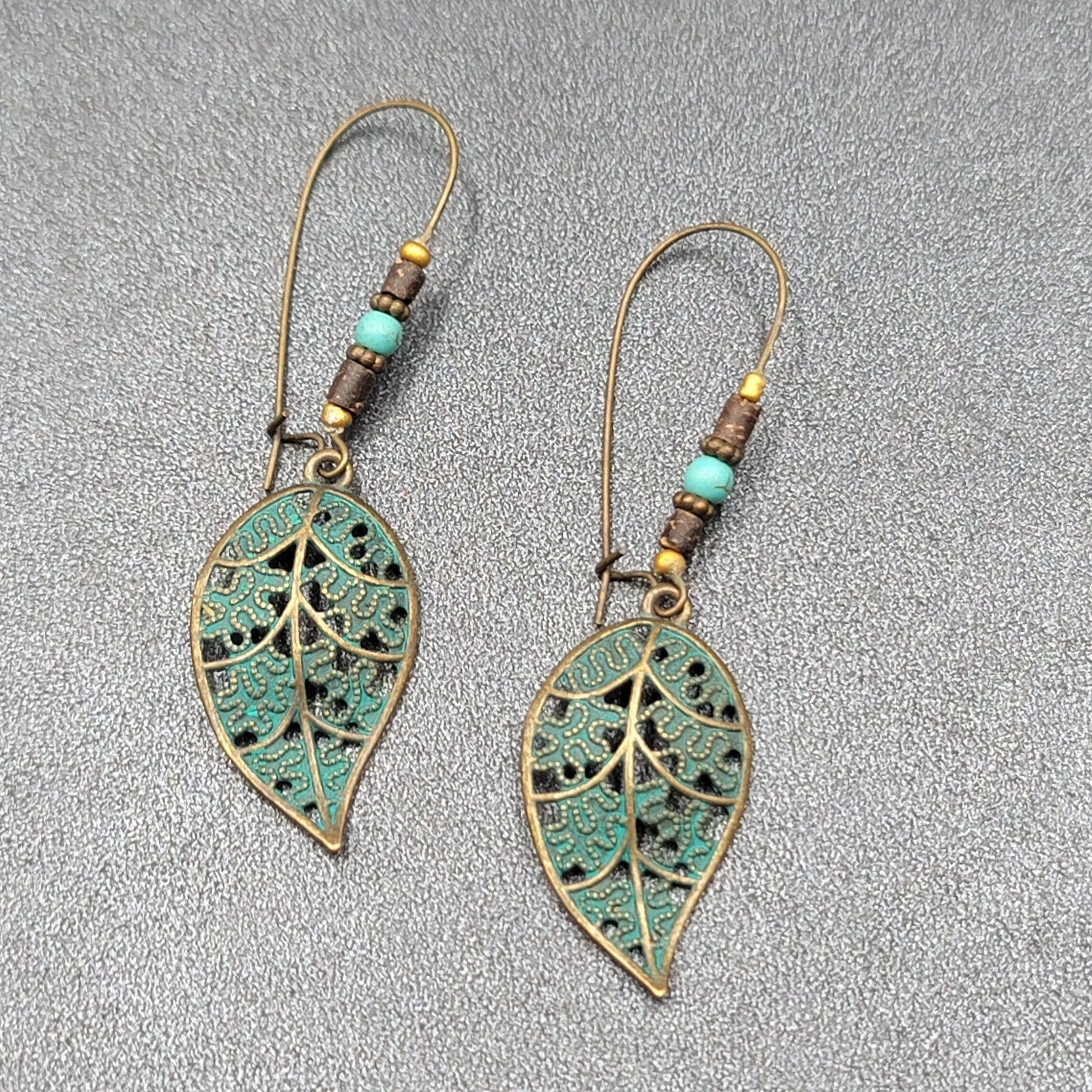 Boho Pierced Earrings Bronze tone Faux Patina Leaf Beaded 2.75"