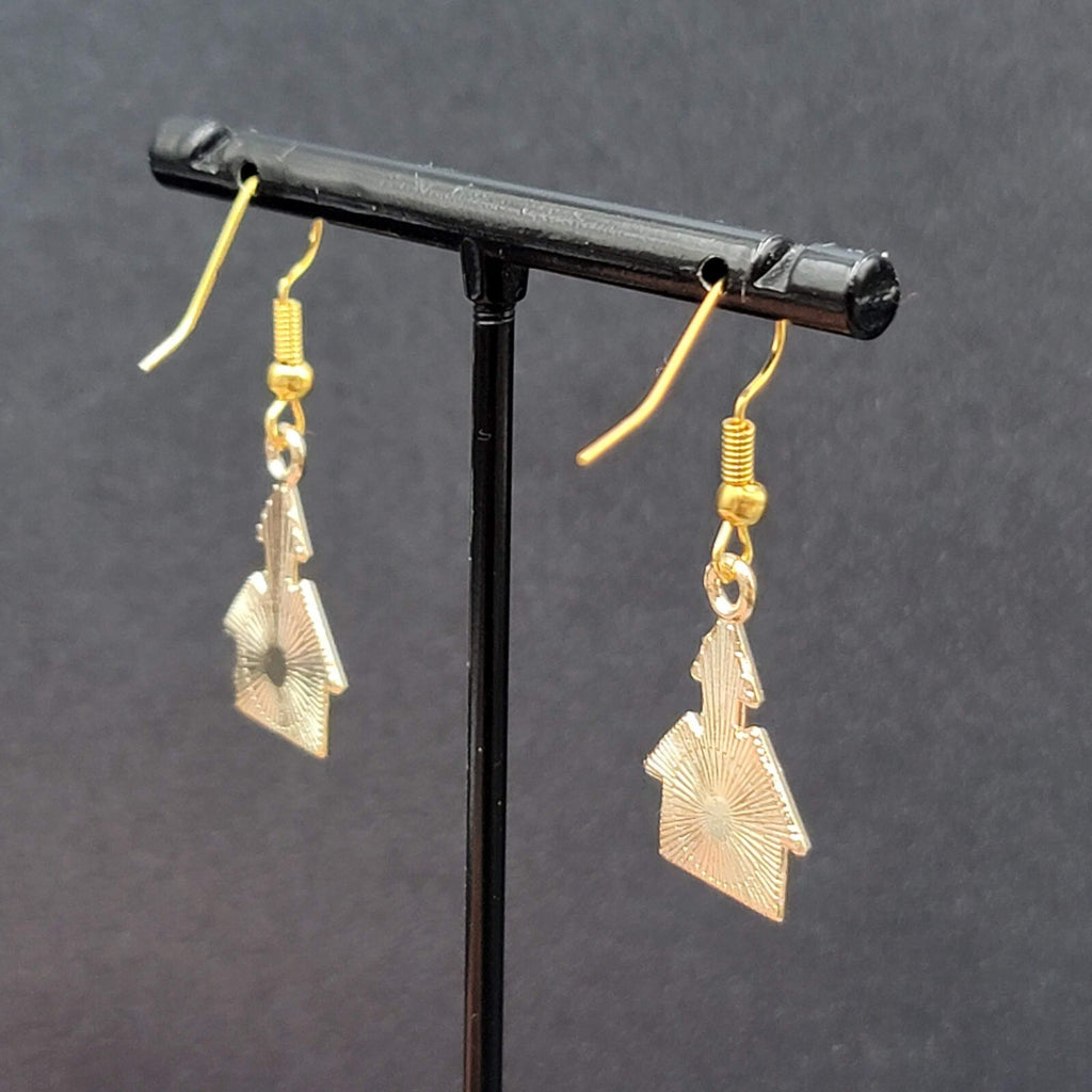New Halloween House Pierced Earrings Purple Orange Enamel Gold tone Dangle 7/8"