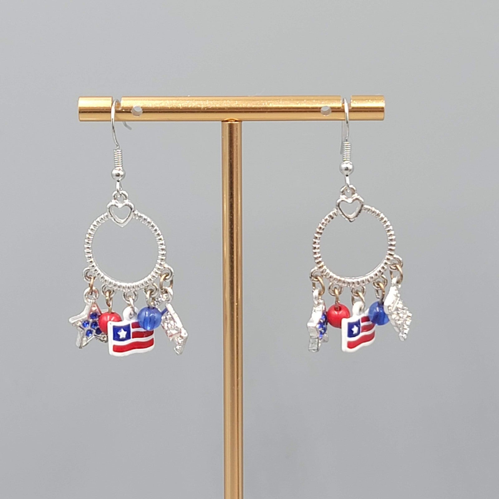 Patriotic Pierced Earrings Silver tone Dangle  USA Flag Enamel 1.25"