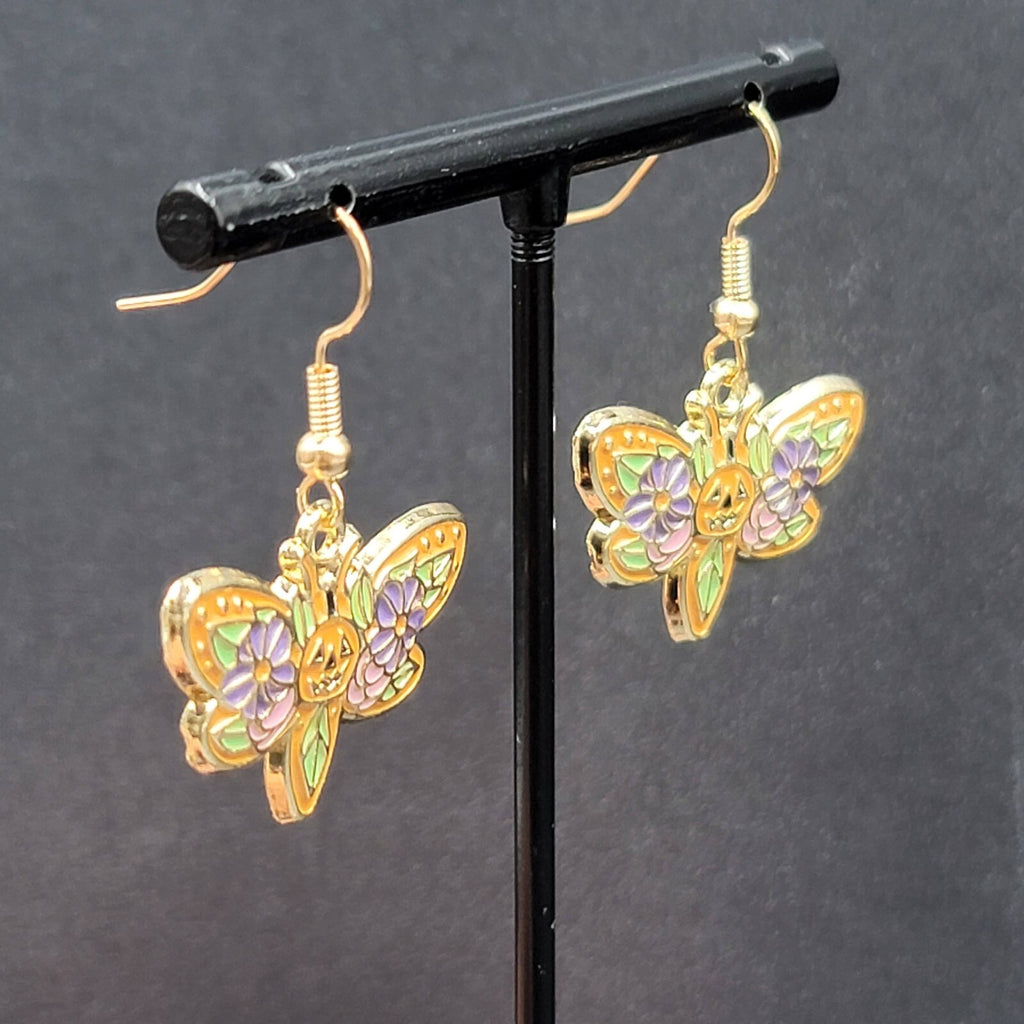 Halloween Moth Pierced Earrings Jack o Lantern Flowers Gold tone Dangle 3/4"