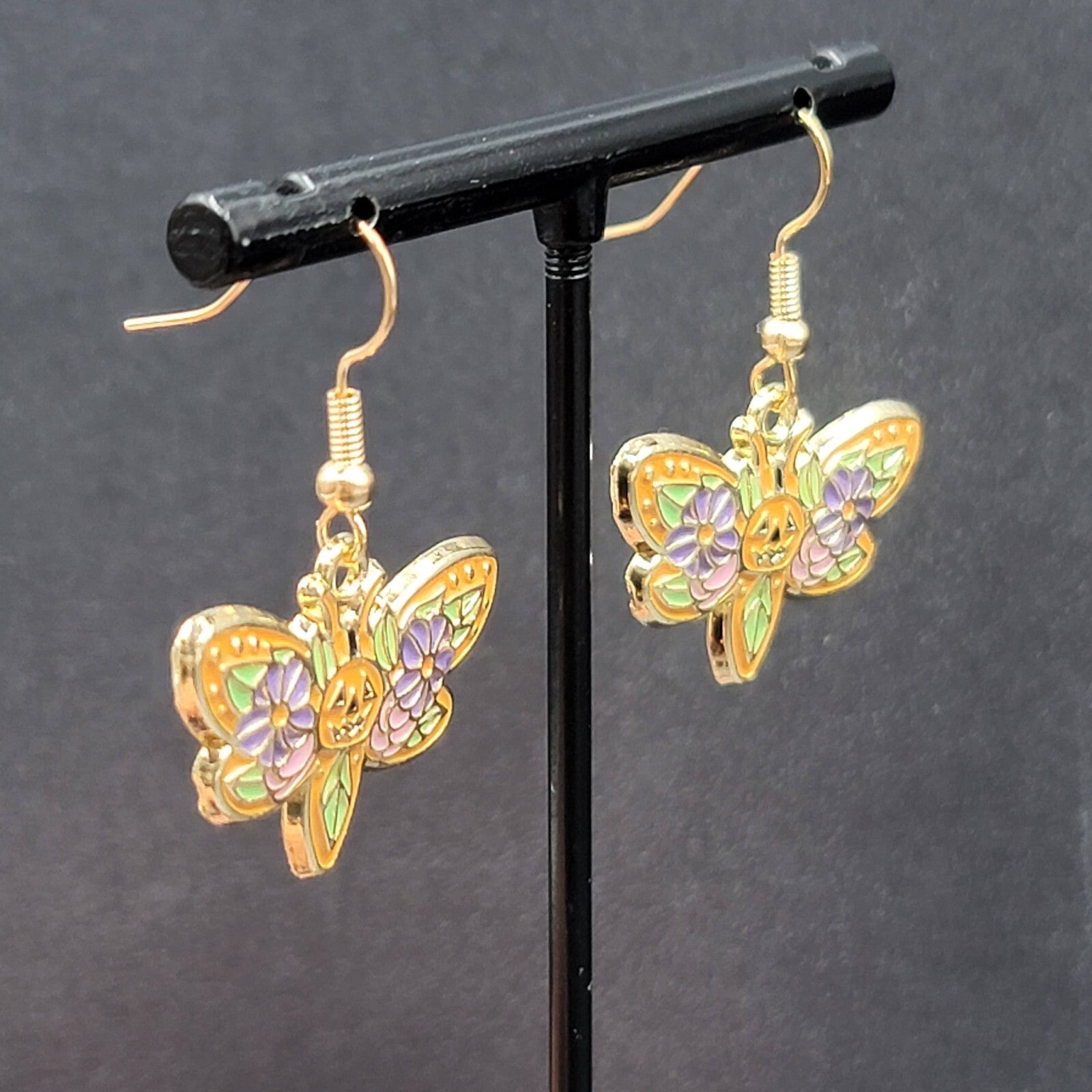 Halloween Moth Pierced Earrings Jack o Lantern Flowers Gold tone Dangle 3/4"