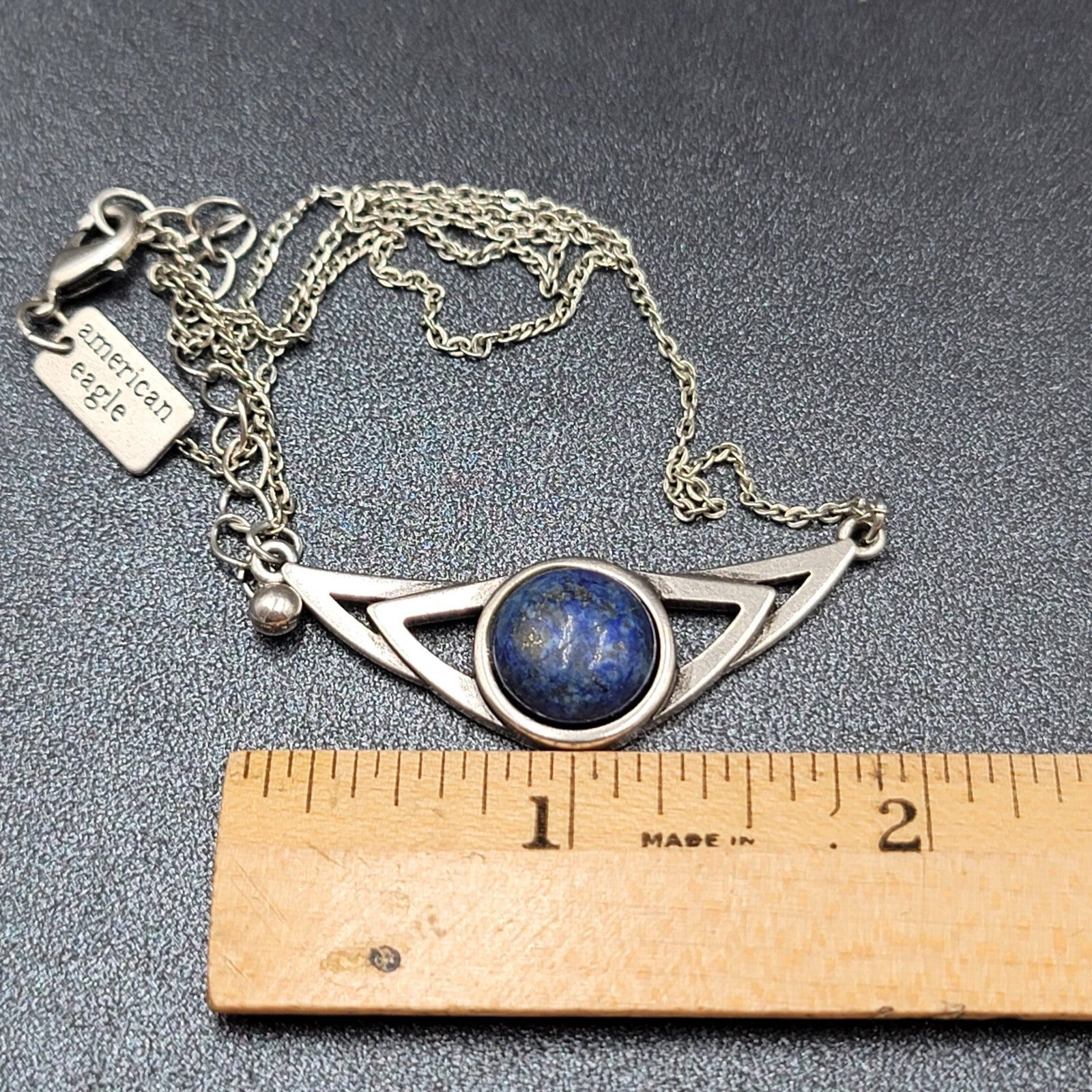 American Eagle AEO Necklace Blue Stone Pendant Chain Silver tone 17"-18.5"