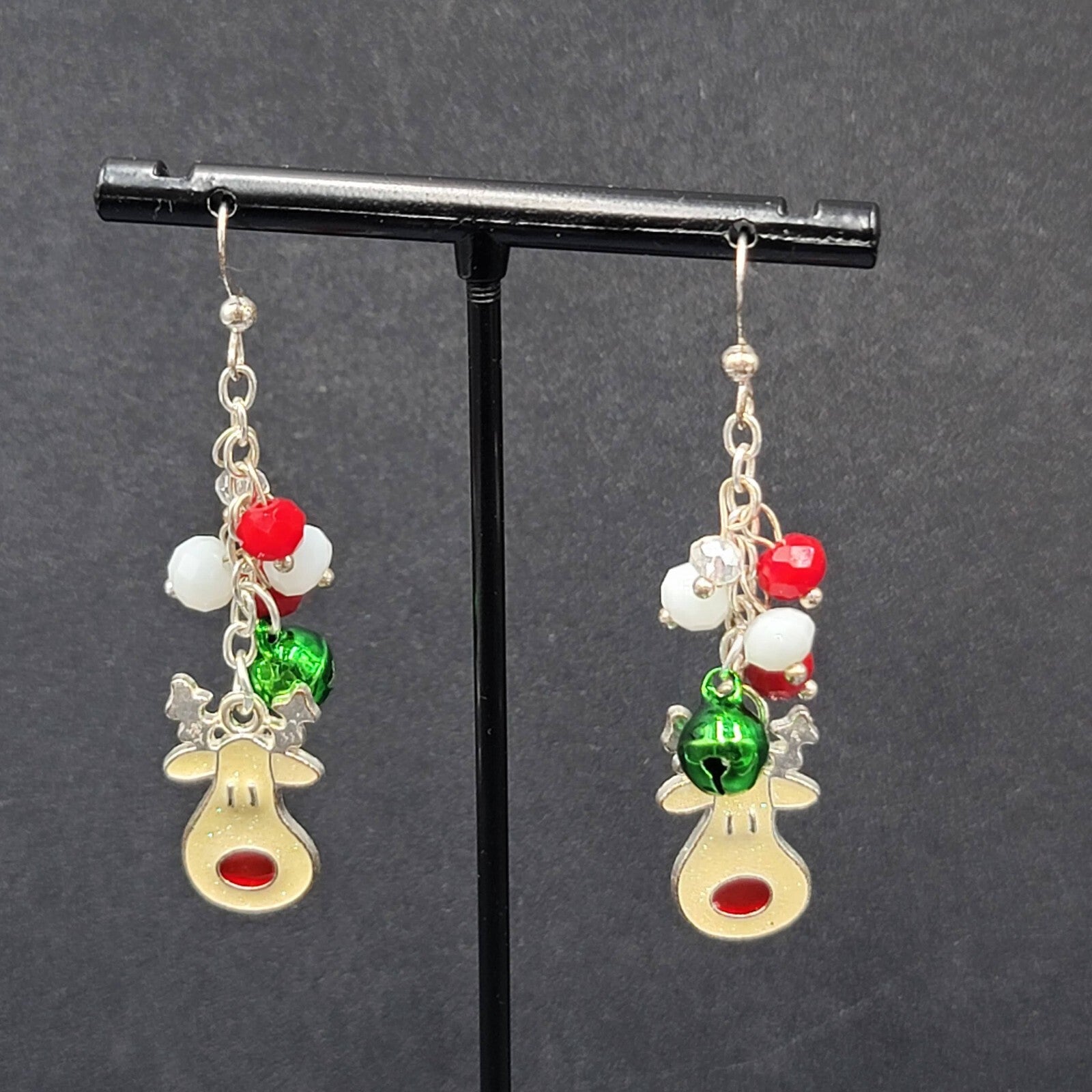 Christmas Pierced Earrings Silver tone Reindeer Jingle Bells 2"