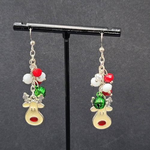 Christmas Pierced Earrings Silver tone Reindeer Jingle Bells 2"
