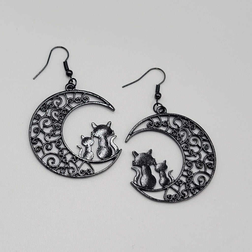 Cat Pierced Earrings Moon Black Enamel Silhouette Dangle 1 5/8"