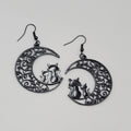 Cat Pierced Earrings Moon Black Enamel Silhouette Dangle 1 5/8"