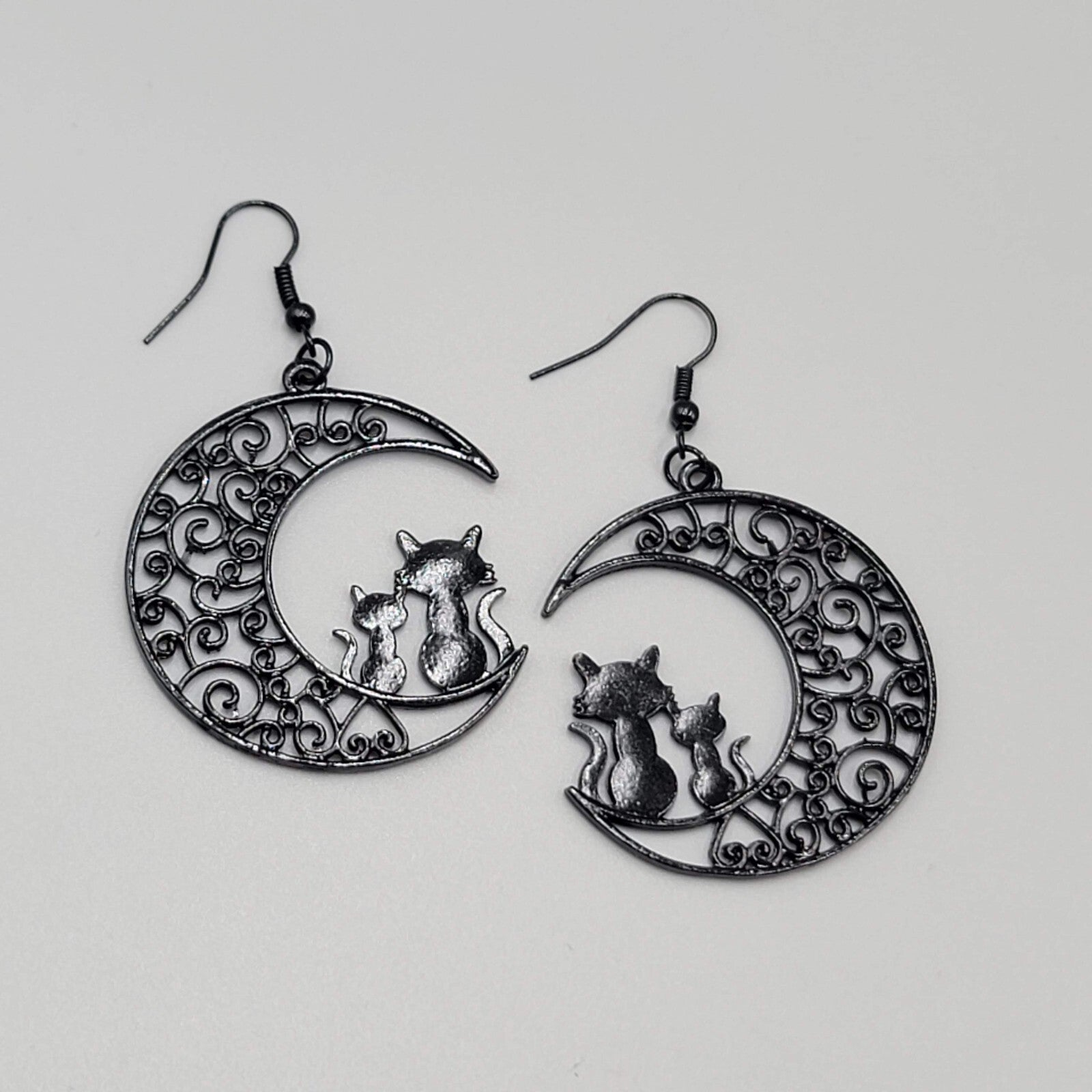 Cat Pierced Earrings Moon Black Enamel Silhouette Dangle 1 5/8"