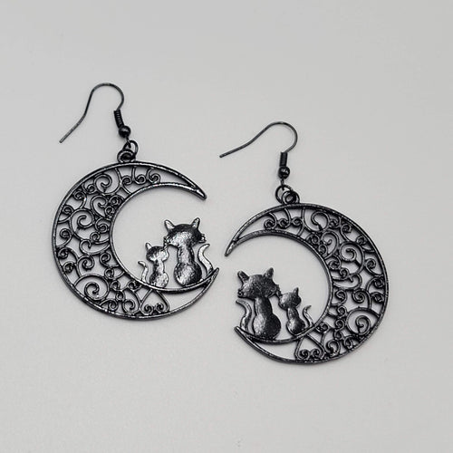 Cat Pierced Earrings Moon Black Enamel Silhouette Dangle 1 5/8"