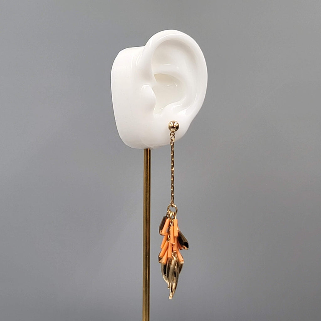 Vintage Pierced Earrings Gold tone Leaf Charms Peach Beads LONG 3.75"