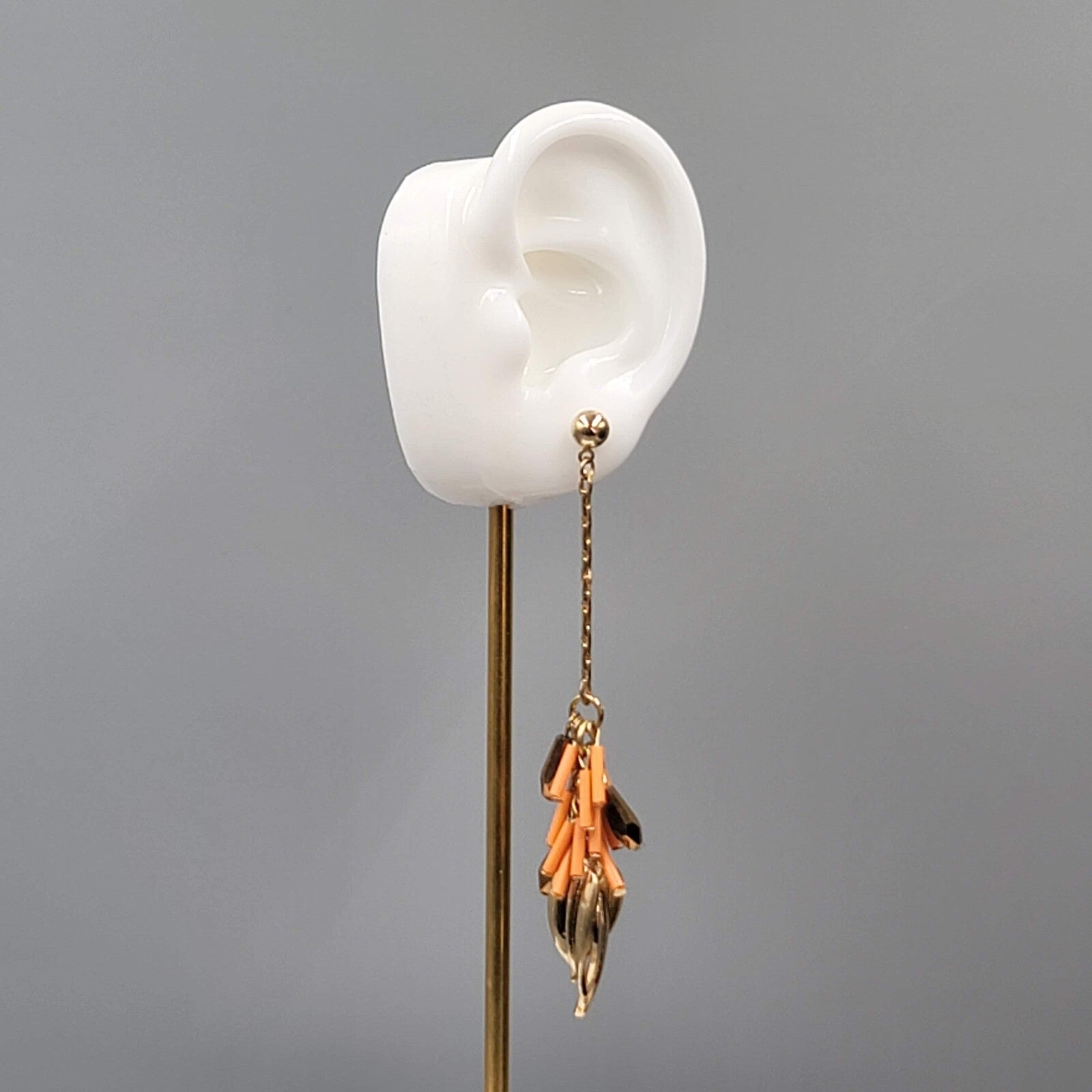 Vintage Pierced Earrings Gold tone Leaf Charms Peach Beads LONG 3.75"