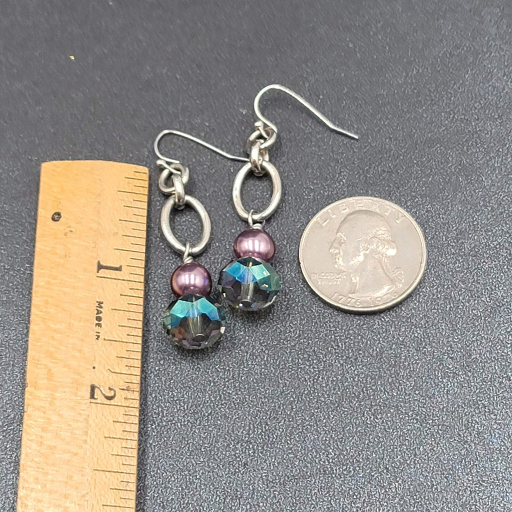 Pierced Earrings Silver tone Blue Crystal Pearl Beaded Dangle 1.75"