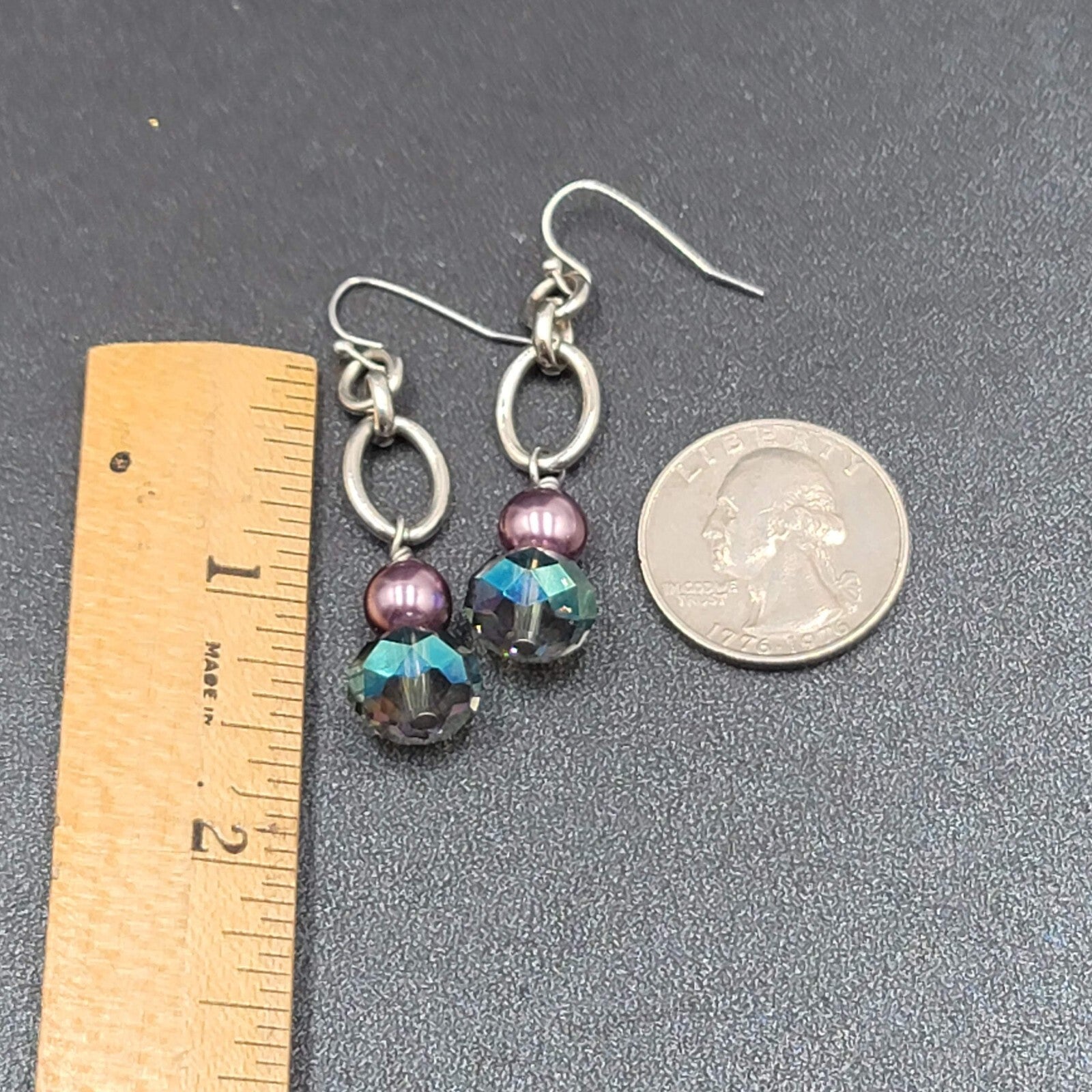 Pierced Earrings Silver tone Blue Crystal Pearl Beaded Dangle 1.75"