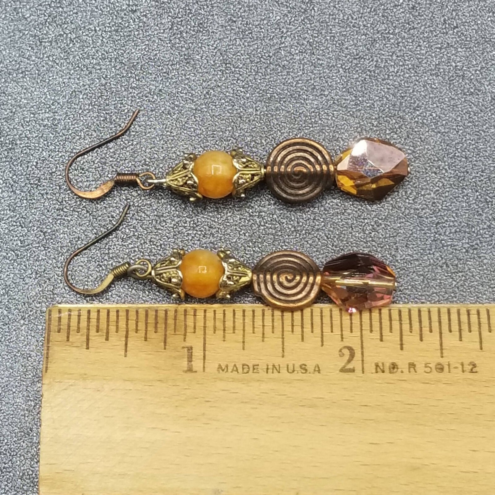 Pierced Earrings Coppertone Metal Faceted Crystal Beaded Dangle 1 1/2"