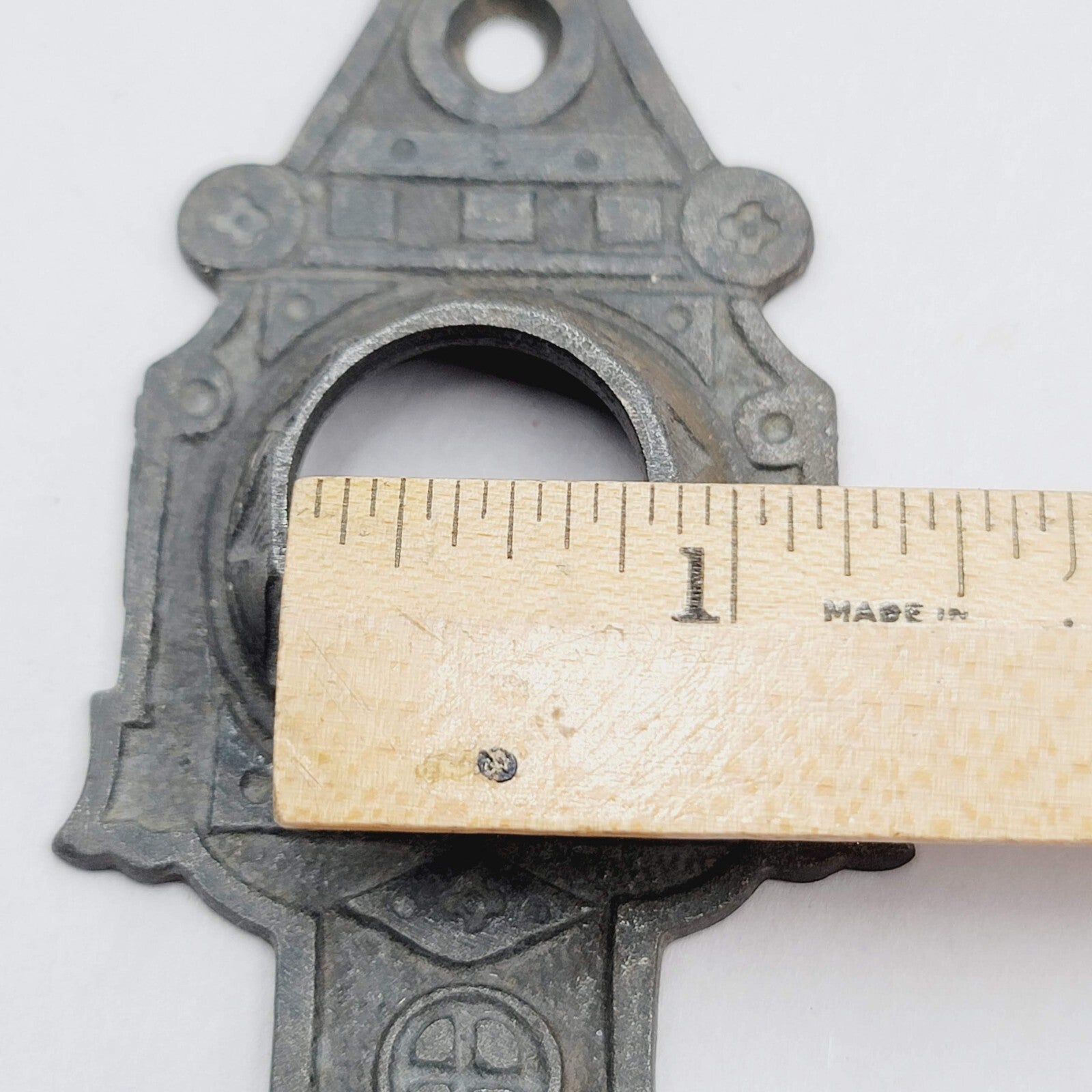 Vintage Cast Iron Doorknob Back Plate Skeleton Keyhole Ornate 5.75"x2" holes 2.2