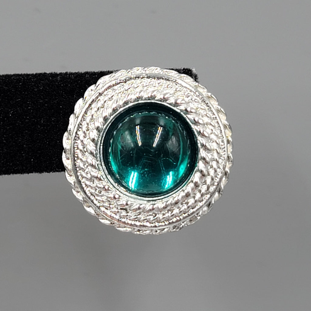 Vintage Pierced Earrings Silver tone Green Moon glow Cabochon 7/8"