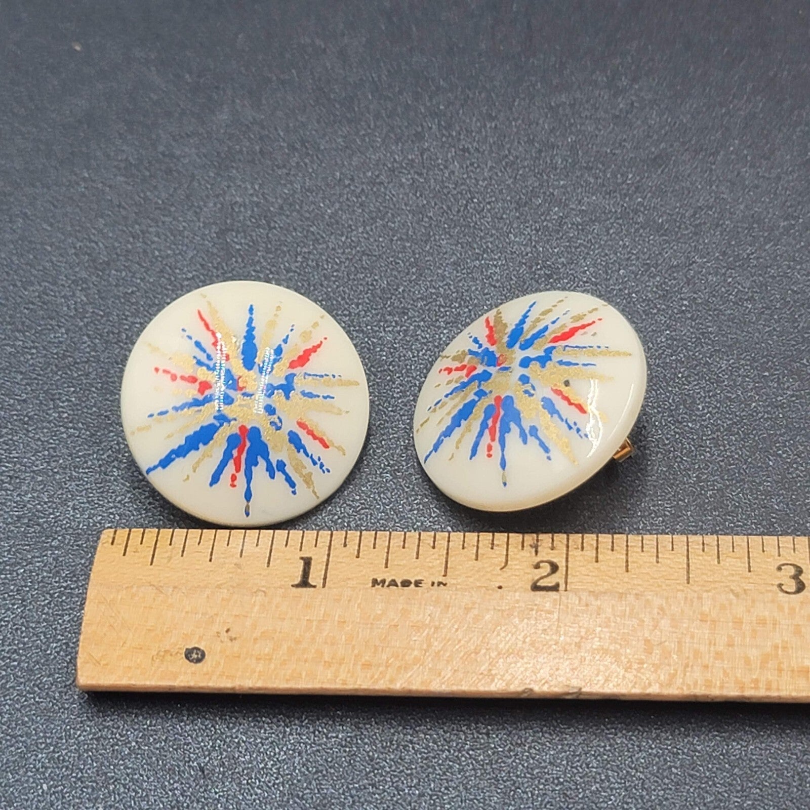 Vintage Pierced Earrings Acrylic White Red Blue Gold Artistic Round Drop 1 1/8"
