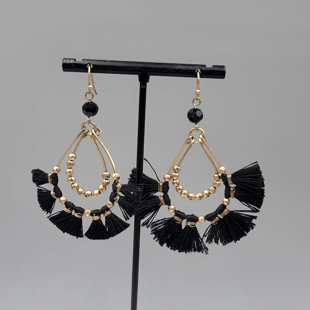 Pierced Earrings Gold tone Black Tassel Teardrop Dangle 2.5"