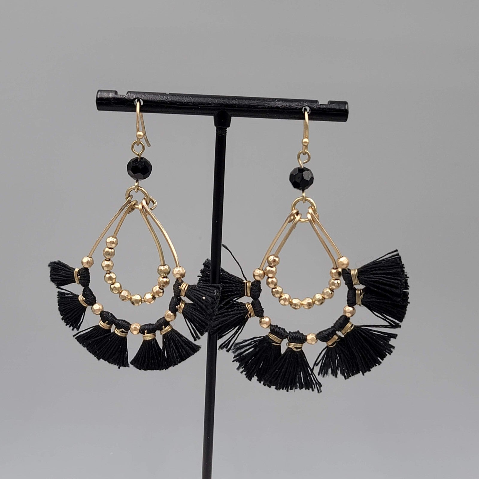 Pierced Earrings Gold tone Black Tassel Teardrop Dangle 2.5"