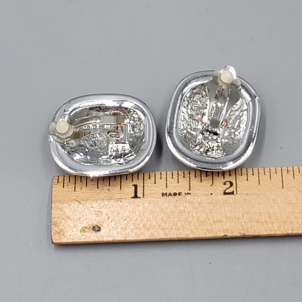 Vintage Large Statement Clip on Earrings Silver Plated Black Enamel Drop 1 1/8"