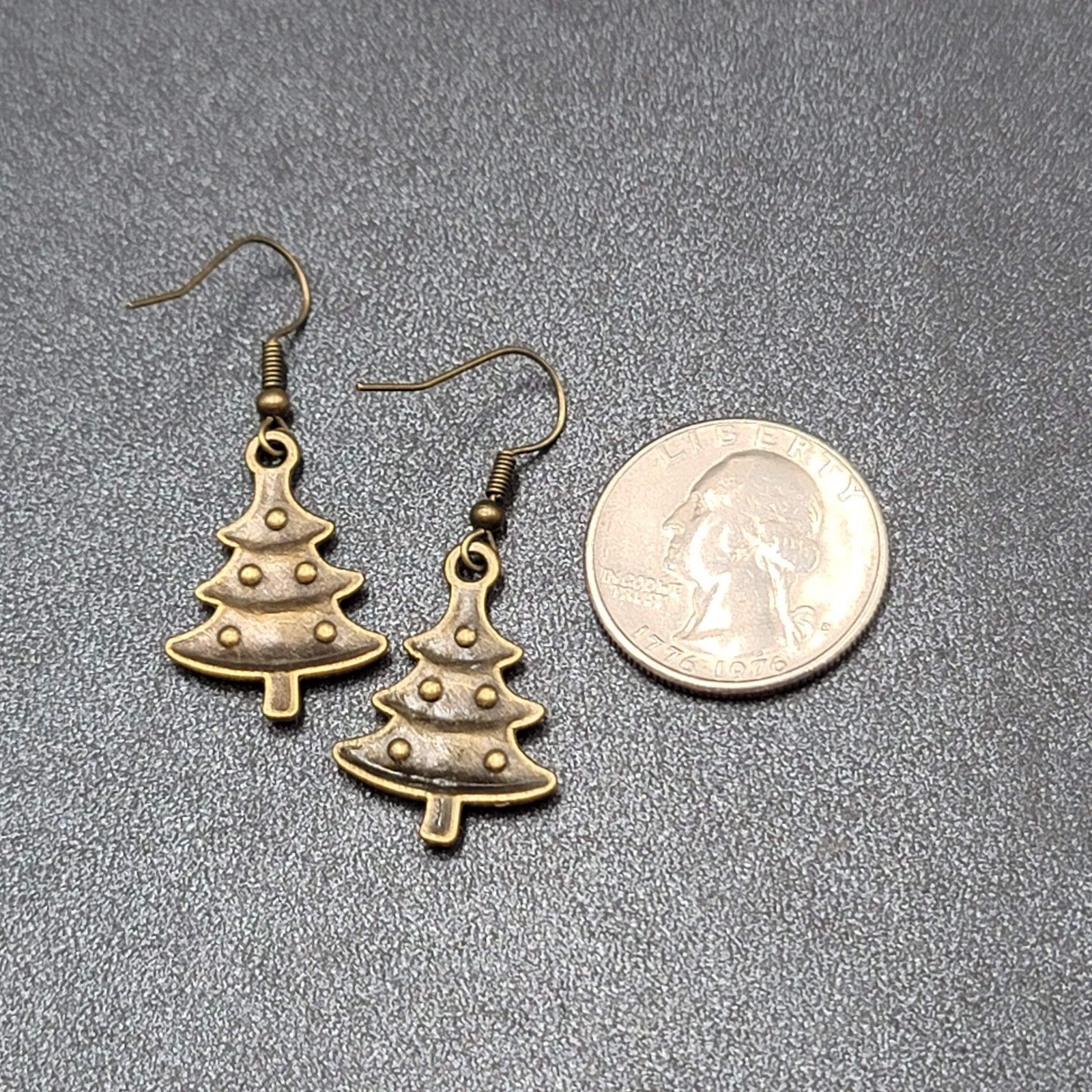 New Christmas Tree Pierced Earrings Embossed Bronze tone Dangle 1"