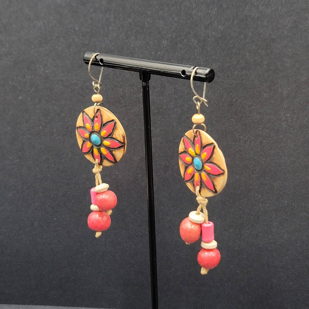 Vintage Pierced Earrings Hand Painted Carved Coconut Pink Bead Dangle 2.25"