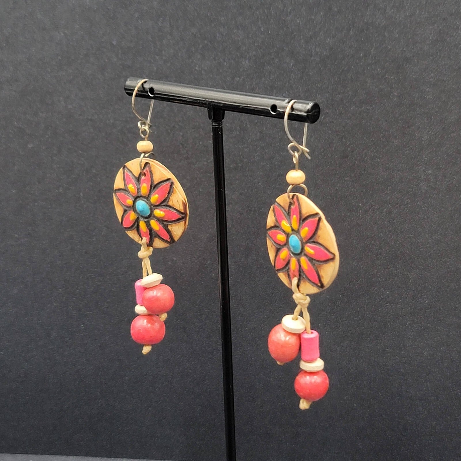 Vintage Pierced Earrings Hand Painted Carved Coconut Pink Bead Dangle 2.25"