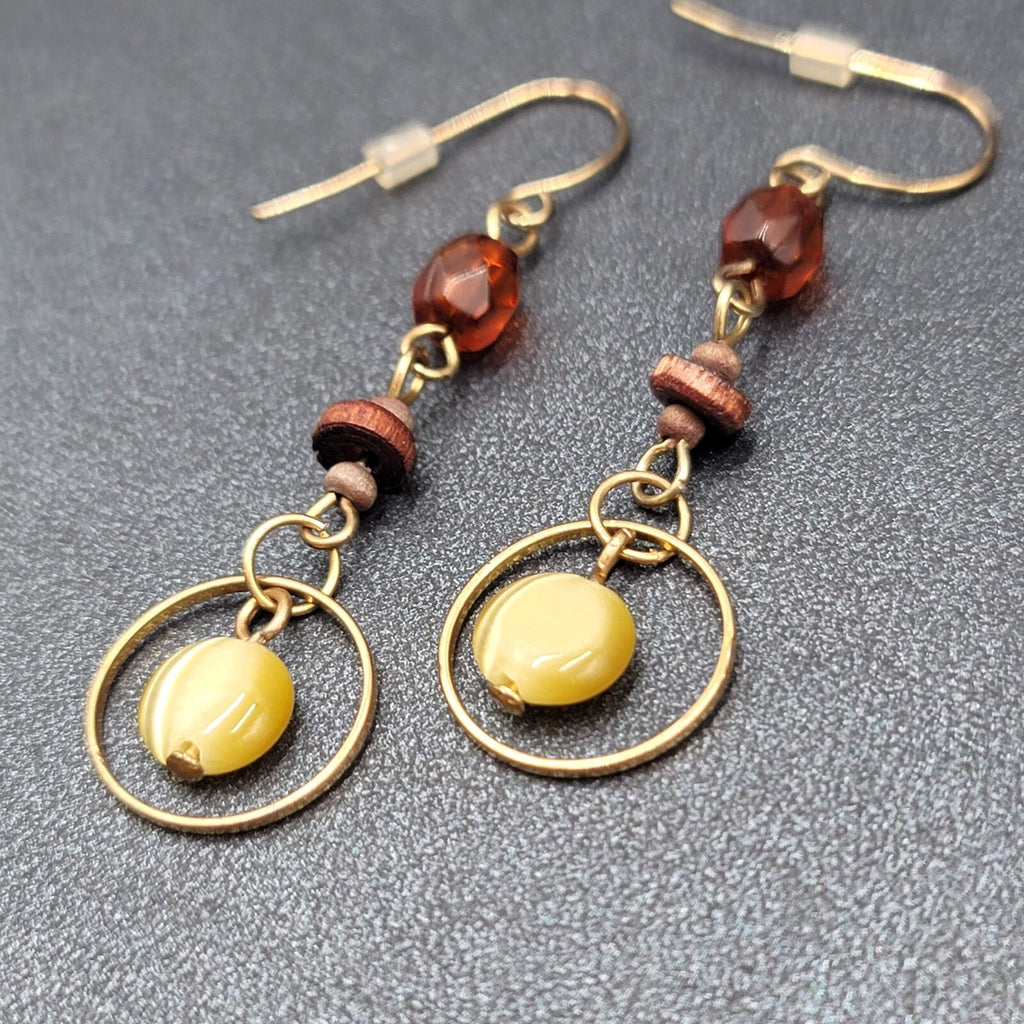 Pierced Earrings Gold tone Beaded Wood Dangle 1.75"