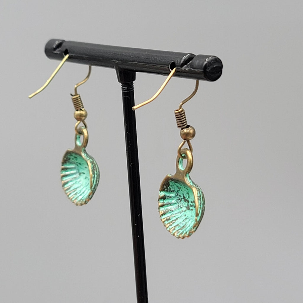 Clam Shell Beach Sea life Pierced Earrings Bronze tone Green wash Dangle 5/8"