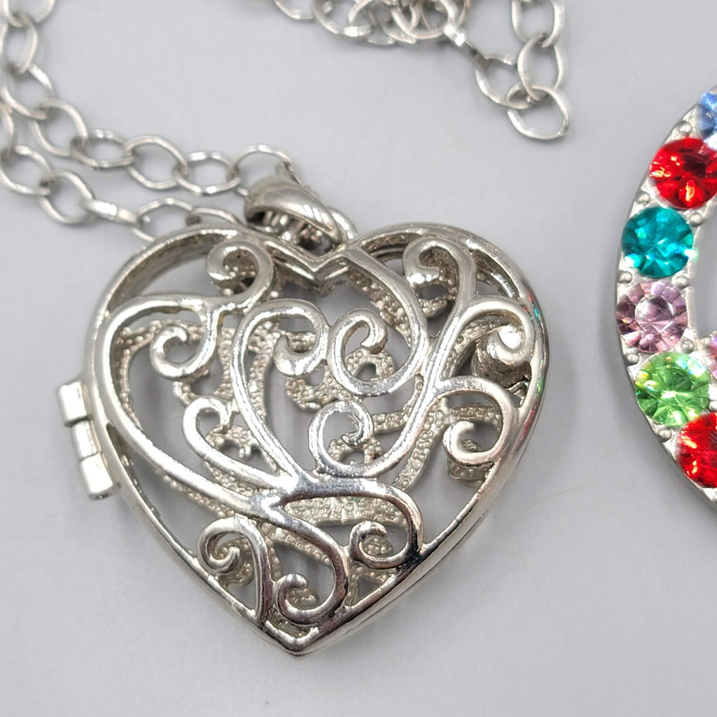 Large Pendant Necklace Heart Locket Rhinestone Peace Sign Silver tone 30"