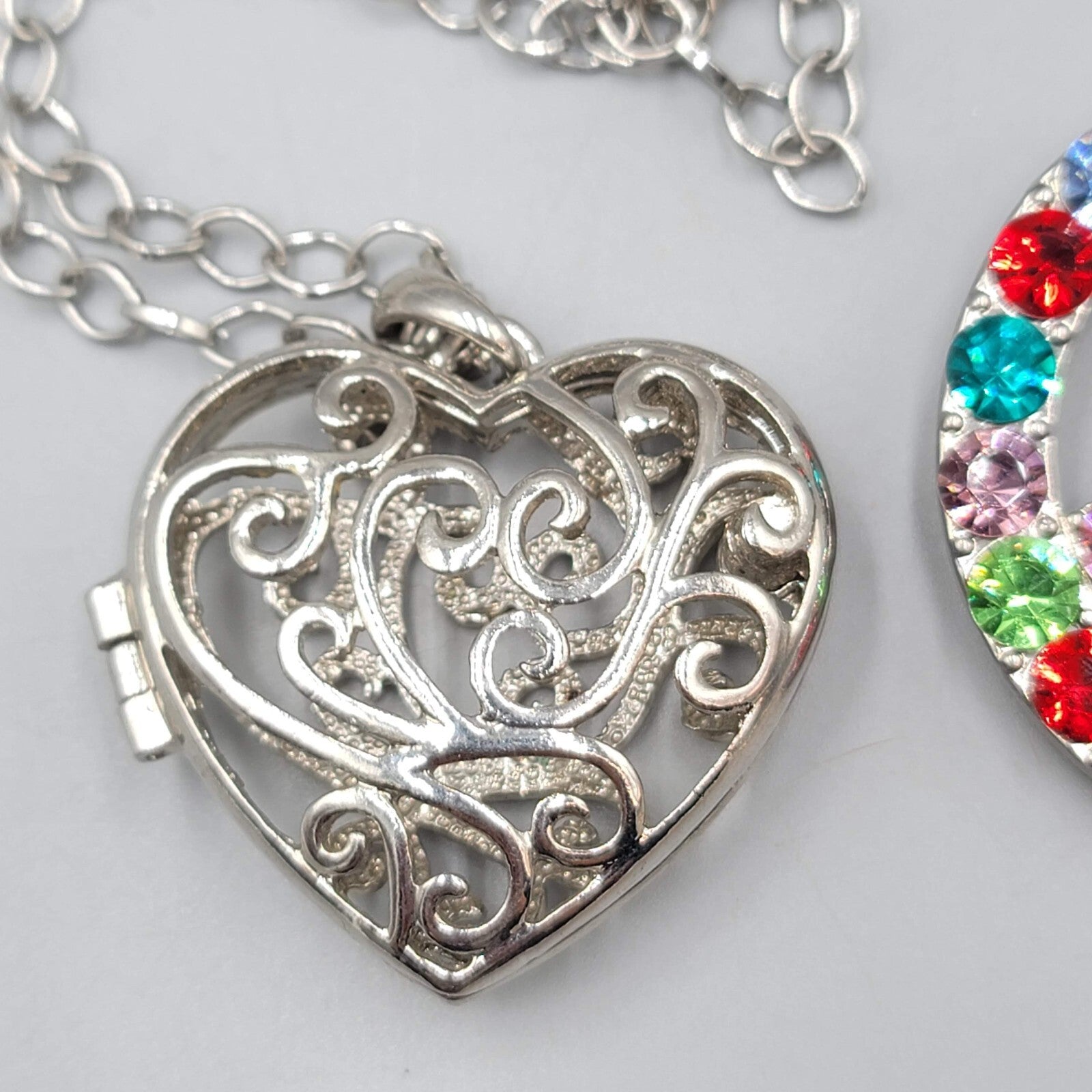 Large Pendant Necklace Heart Locket Rhinestone Peace Sign Silver tone 30"