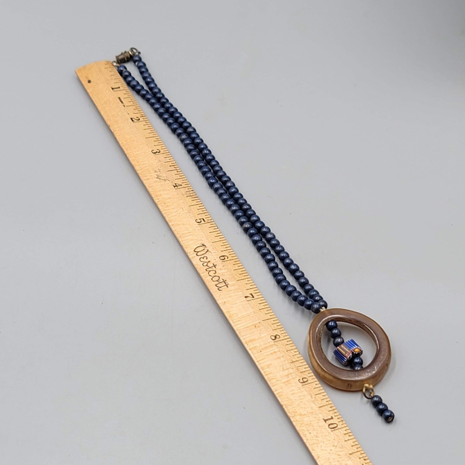 Vintage Artisan Necklace Blue Bead Cow Horn Ring 16 in