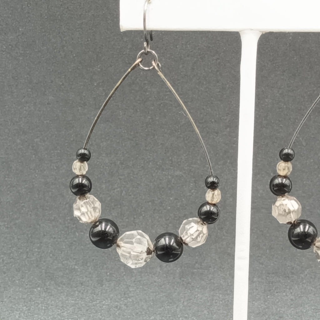 Pierced Earrings Gun Metal Gray Teardrop Wire Loop Acrylic Beaded Dangle 2"